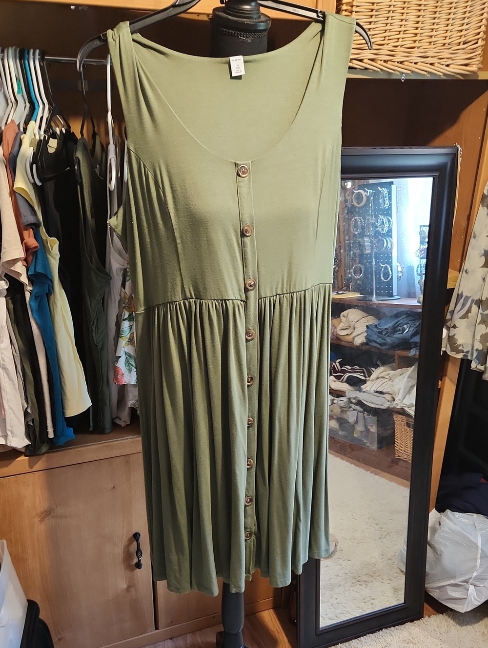 Old Navy Olive Green Button-Front Midi Dress